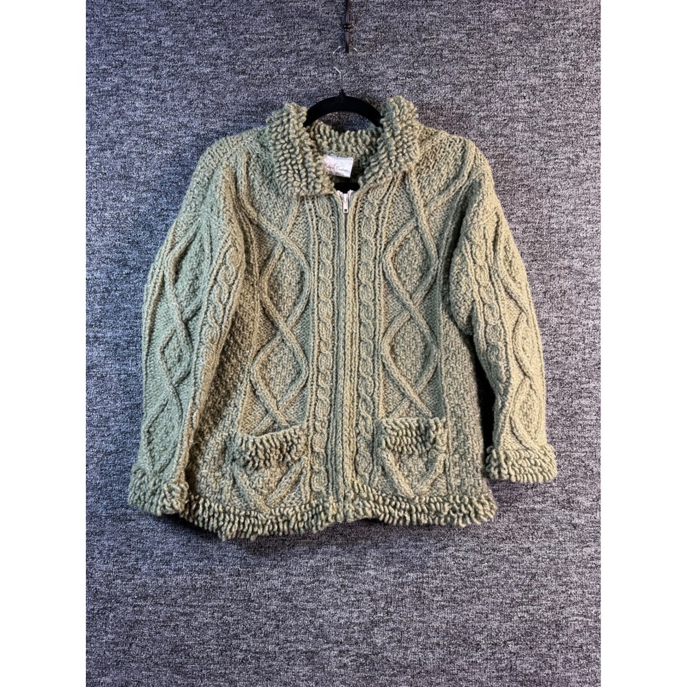 Ethnic Creations Wool Cable Knit Full Zip Cardigan Sweater Sage Green XXL